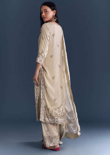 Beige Crepe Kurta Set With Floral Print And Zari Work
