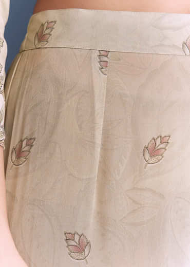 Beige Crepe Kurta Set With Floral Print And Zari Work