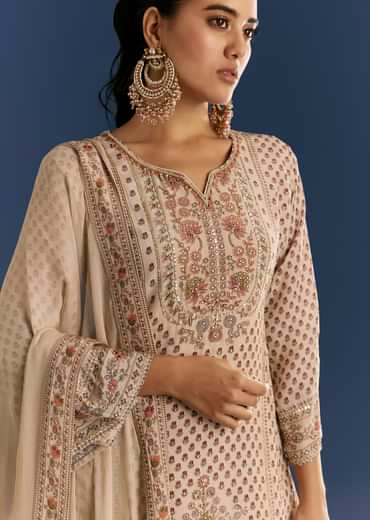 Beige Crepe Printed Kurta Sharara With Dupatta