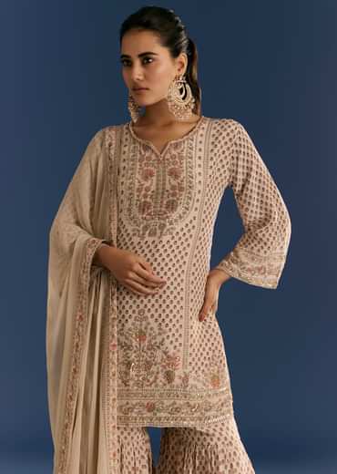 Beige Crepe Printed Kurta Sharara With Dupatta