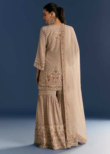 Beige Crepe Printed Kurta Sharara With Dupatta