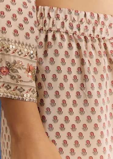 Beige Crepe Printed Kurta Sharara With Dupatta