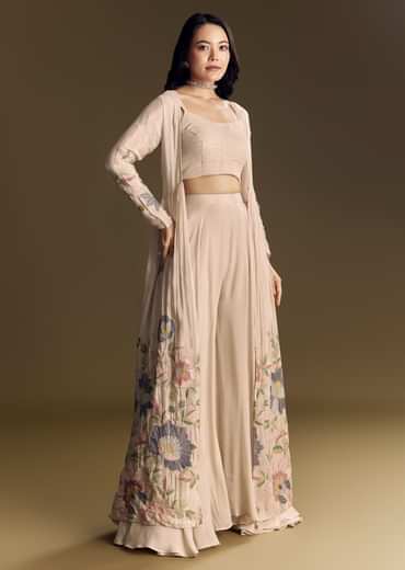 Beige Crop Top Set With Thread And Sequin Jacket