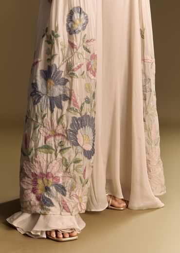 Beige Crop Top Set With Thread And Sequin Jacket