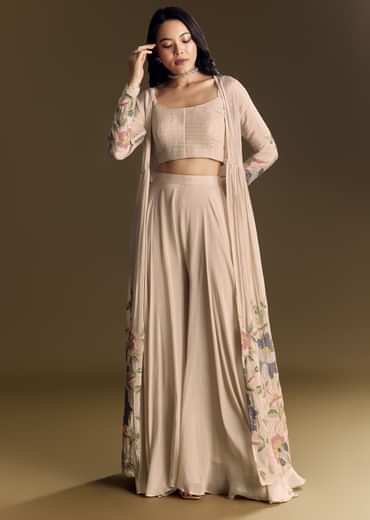 Beige Crop Top Set With Thread And Sequin Jacket