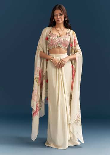 Beige Crop Top Skirt Set With Resham Work And Floral Cape