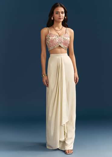 Beige Crop Top Skirt Set With Resham Work And Floral Cape