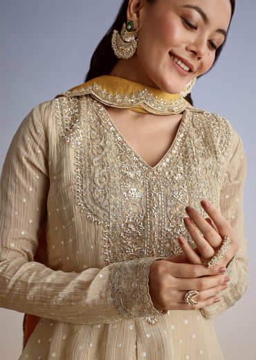 Beige Crush Tissue Embroidered Kurta Sharara Suit With Dupatta