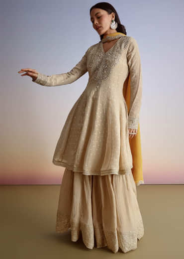 Beige Crush Tissue Embroidered Kurta Sharara Suit With Dupatta
