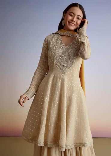Beige Crush Tissue Embroidered Kurta Sharara Suit With Dupatta