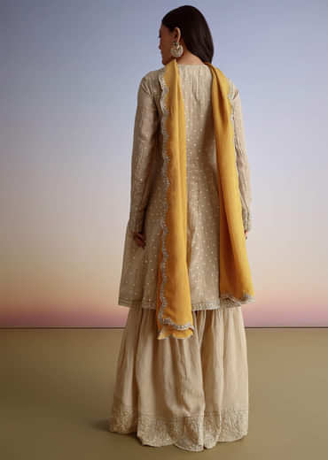Beige Crush Tissue Embroidered Kurta Sharara Suit With Dupatta