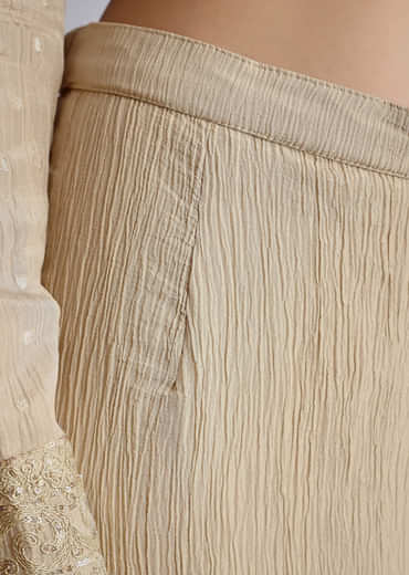 Beige Crush Tissue Embroidered Kurta Sharara Suit With Dupatta