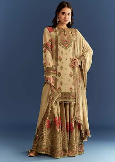 Beige Crush Tissue Floral Printed Kurta Palazzo With Dupatta