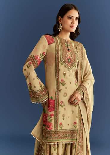 Beige Crush Tissue Floral Printed Kurta Palazzo With Dupatta