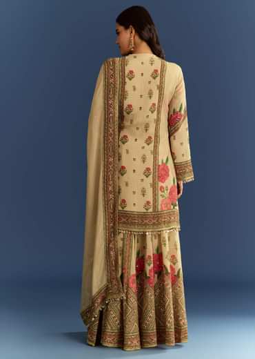 Beige Crush Tissue Floral Printed Kurta Palazzo With Dupatta