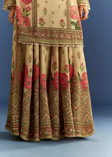 Beige Crush Tissue Floral Printed Kurta Palazzo With Dupatta