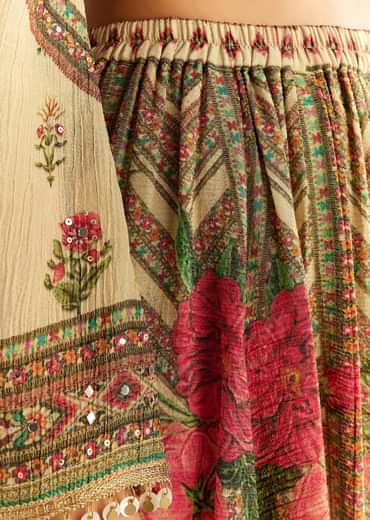 Beige Crush Tissue Floral Printed Kurta Palazzo With Dupatta