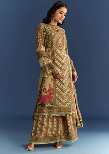 Beige Crush Tissue Floral Printed Kurta With Printed Palazzo