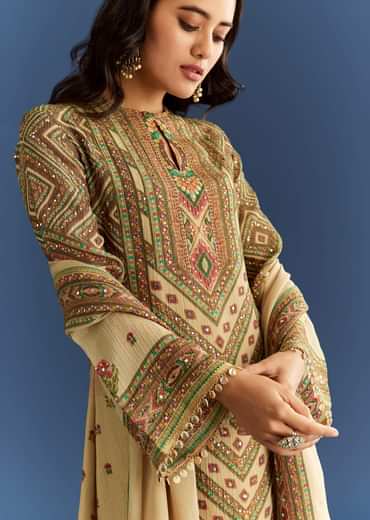 Beige Crush Tissue Floral Printed Kurta With Printed Palazzo