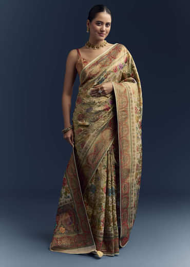 Beige Dola Silk Woven Saree With Nature Motif Embroidery