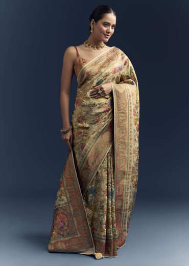 Beige Dola Silk Woven Saree With Nature Motif Embroidery