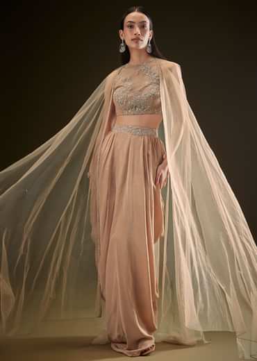 Beige Drape Dhoti Skirt With Embroidered Bustier And Long Cape