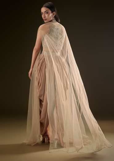 Beige Drape Dhoti Skirt With Embroidered Bustier And Long Cape