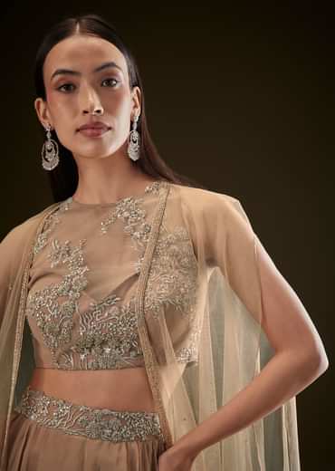 Beige Drape Dhoti Skirt With Embroidered Bustier And Long Cape