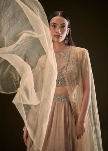 Beige Drape Dhoti Skirt With Embroidered Bustier And Long Cape