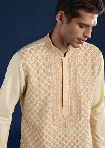Beige Embroidered Banarsi Silk Mens Kurta and Pant Set