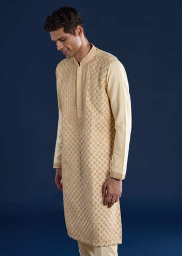 Beige Embroidered Banarsi Silk Mens Kurta and Pant Set