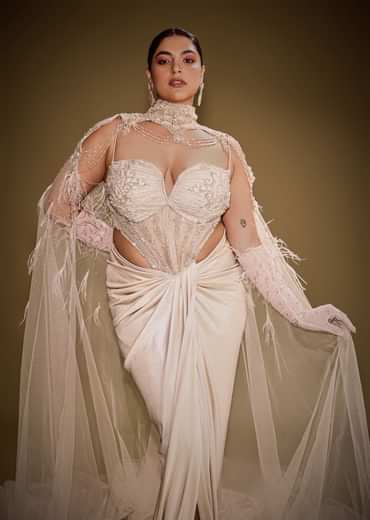 Beige Embroidered Drape Gown With Full Length Embroidered Cape