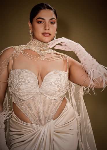 Beige Embroidered Drape Gown With Full Length Embroidered Cape