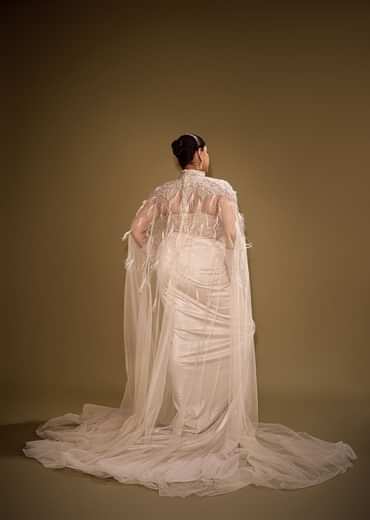 Beige Embroidered Drape Gown With Full Length Embroidered Cape