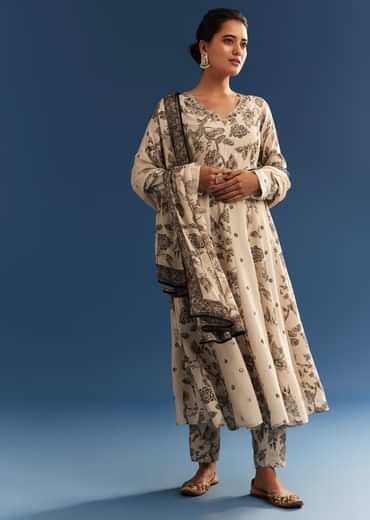 Beige Floral Printed Crepe Anarkali Set With Chinon Dupatta