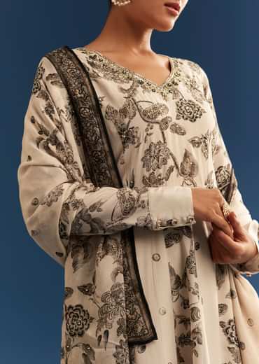 Beige Floral Printed Crepe Anarkali Set With Chinon Dupatta