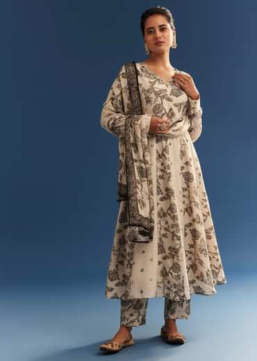 Beige Floral Printed Crepe Anarkali Set With Chinon Dupatta