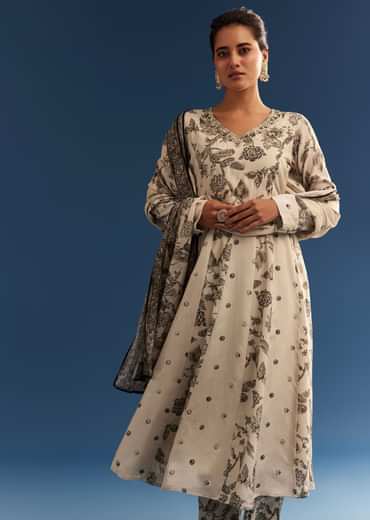 Beige Floral Printed Crepe Anarkali Set With Chinon Dupatta