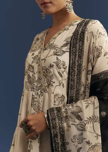 Beige Floral Printed Crepe Anarkali Set With Embroidered Neckline