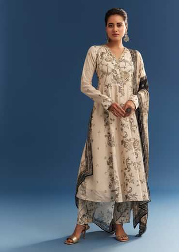Beige Floral Printed Crepe Anarkali Set With Embroidered Neckline