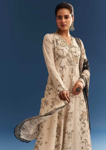 Beige Floral Printed Crepe Anarkali Set With Embroidered Neckline