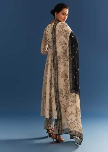 Beige Floral Printed Crepe Anarkali Set With Embroidered Neckline