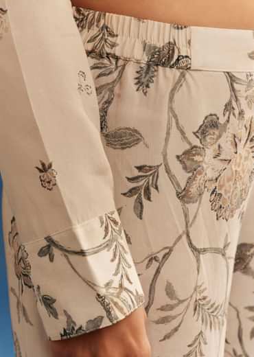 Beige Floral Printed Crepe Anarkali Set With Embroidered Neckline