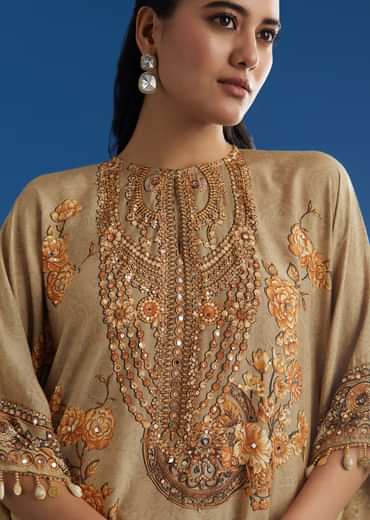 Beige Floral Printed Kaftan Dhoti Set With Shells And Metal Coin Tassels