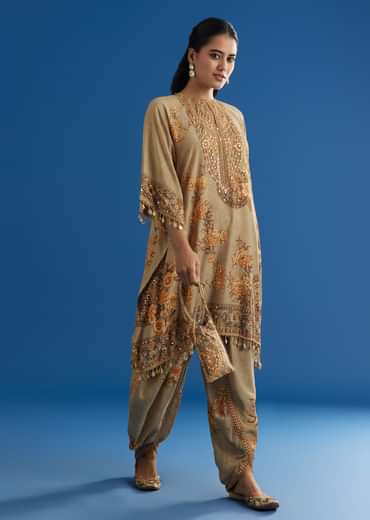 Beige Floral Printed Kaftan Dhoti Set With Shells And Metal Coin Tassels