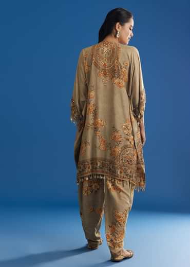 Beige Floral Printed Kaftan Dhoti Set With Shells And Metal Coin Tassels