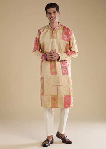 Beige Foil Print Silk Kurta Set