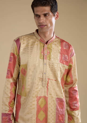 Beige Foil Print Silk Kurta Set