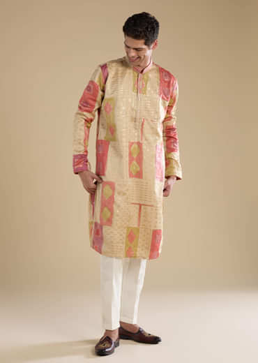 Beige Foil Print Silk Kurta Set
