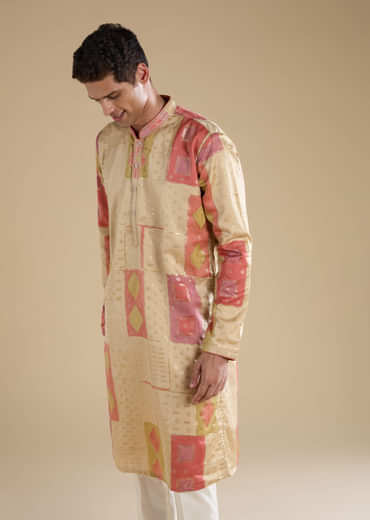 Beige Foil Print Silk Kurta Set